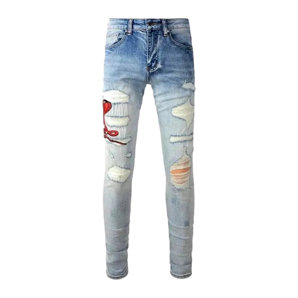 Sanded embroidered skinny red-cobra men's jeans