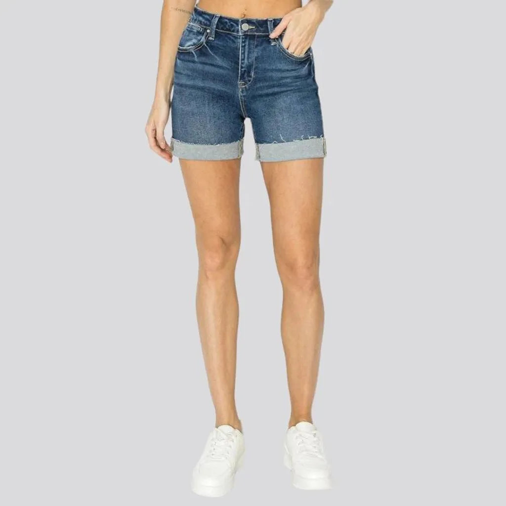 Whiskered medium-wash denim shorts