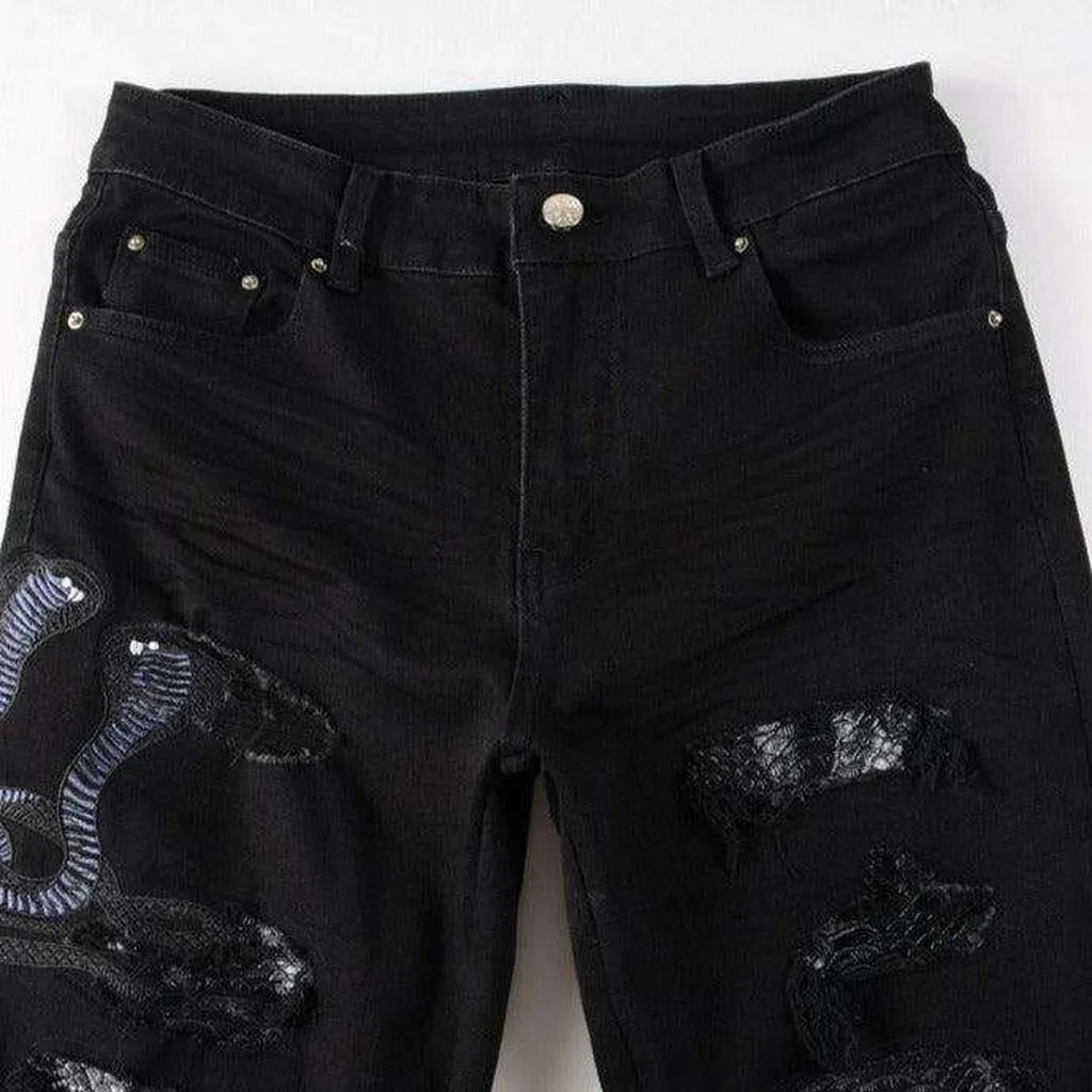 Snake embroidery ripped men's jeans