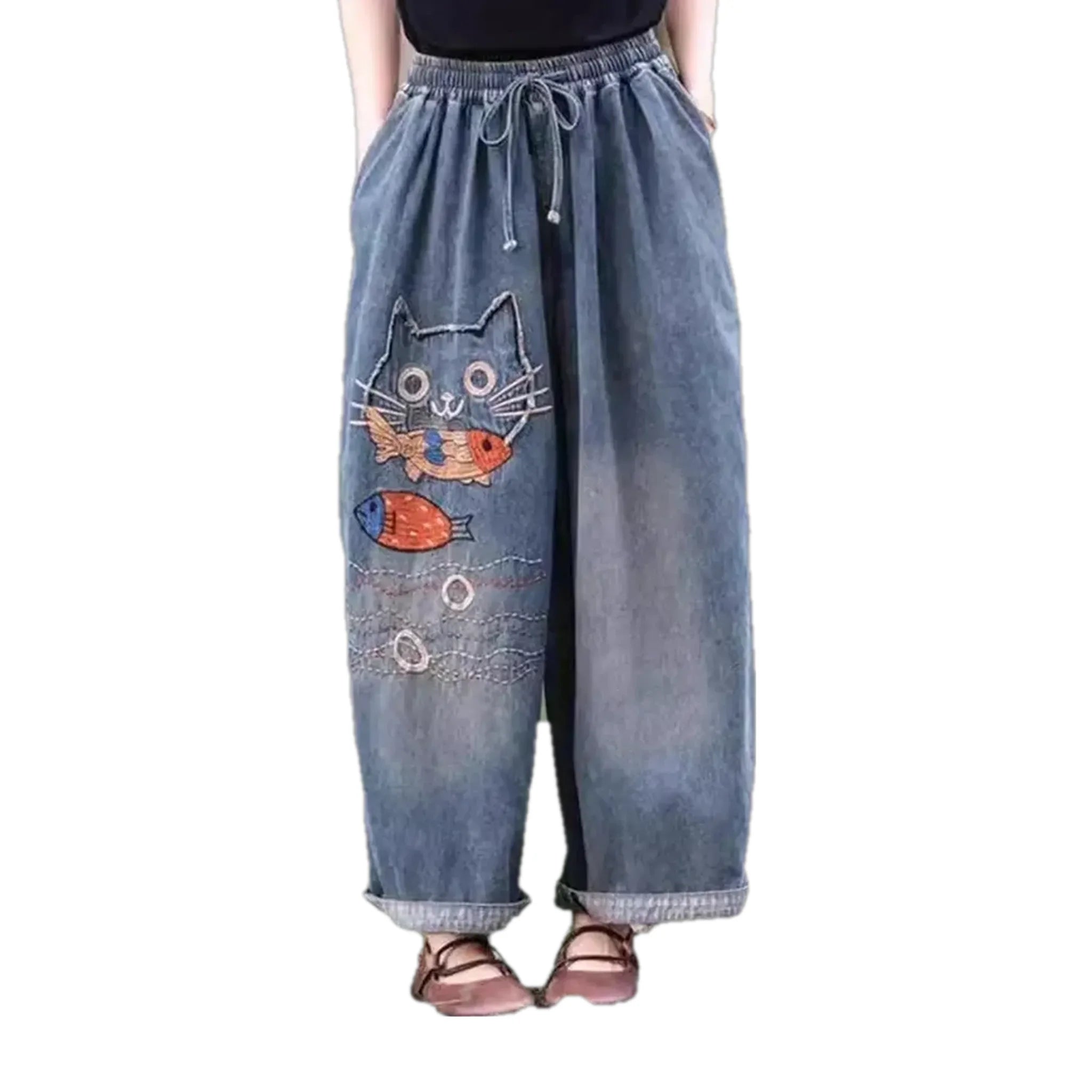 Mid rise boho cat design women's jean pants