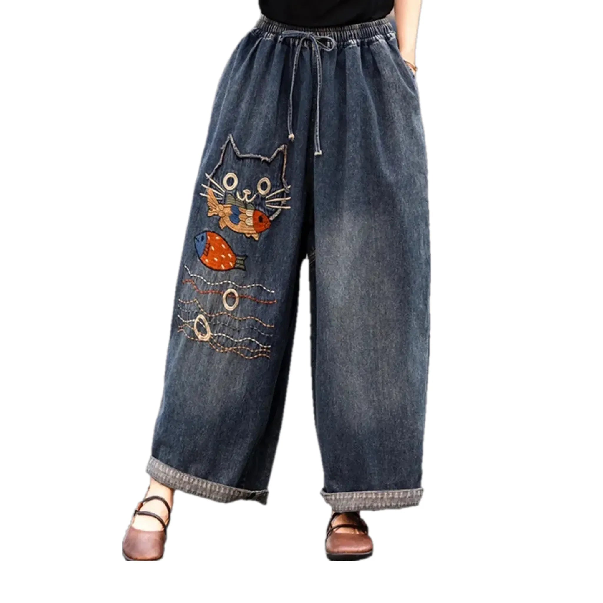 Mid rise boho cat design women's jean pants