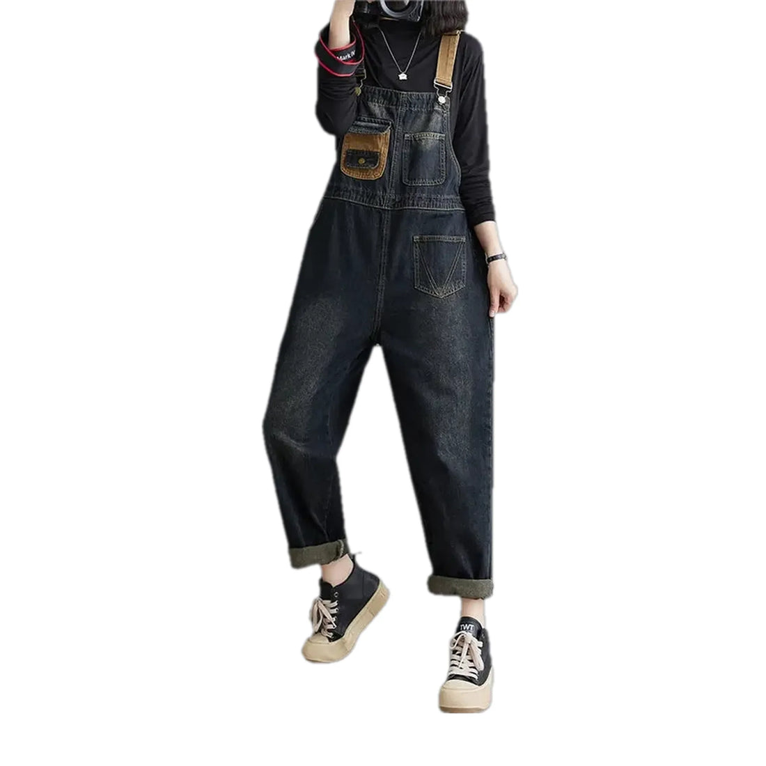 Abraded pattern loose fit jean bib for ladies