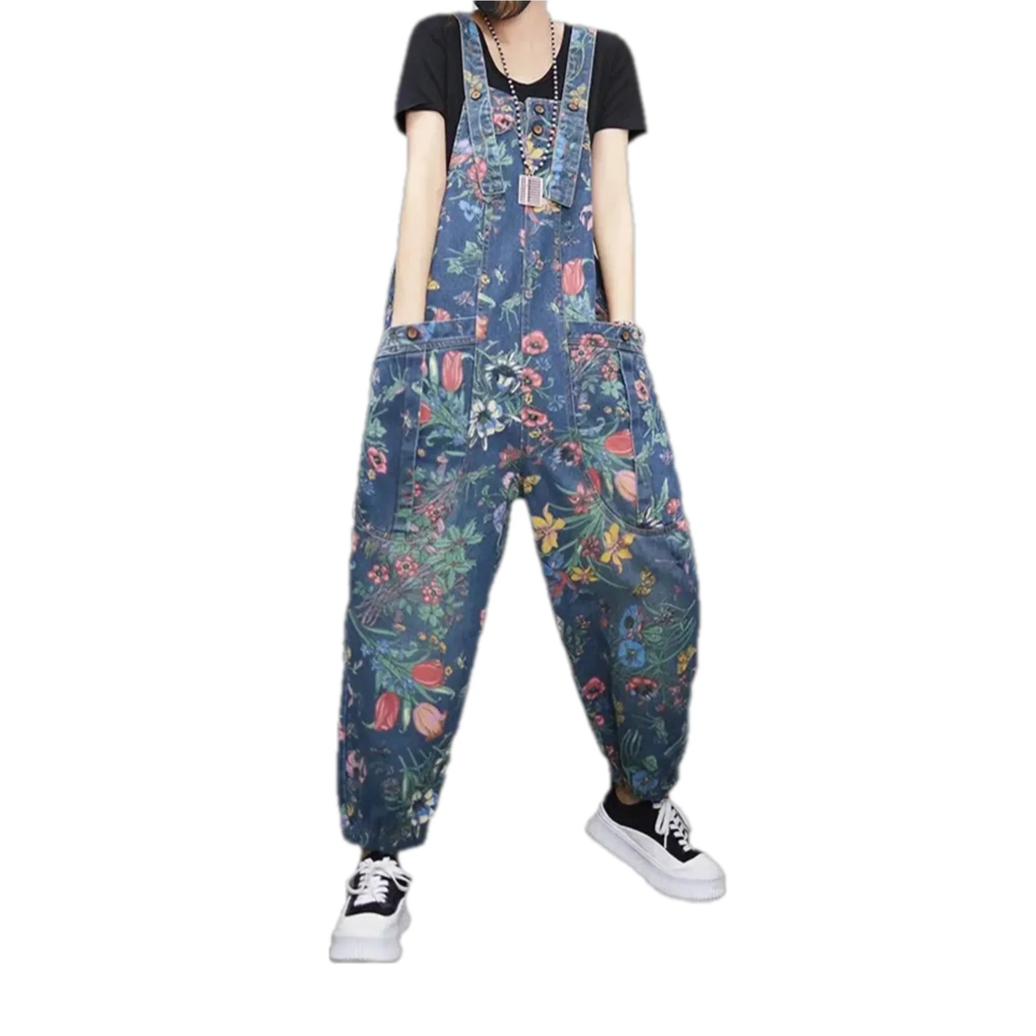 Floral print denim overall for ladies