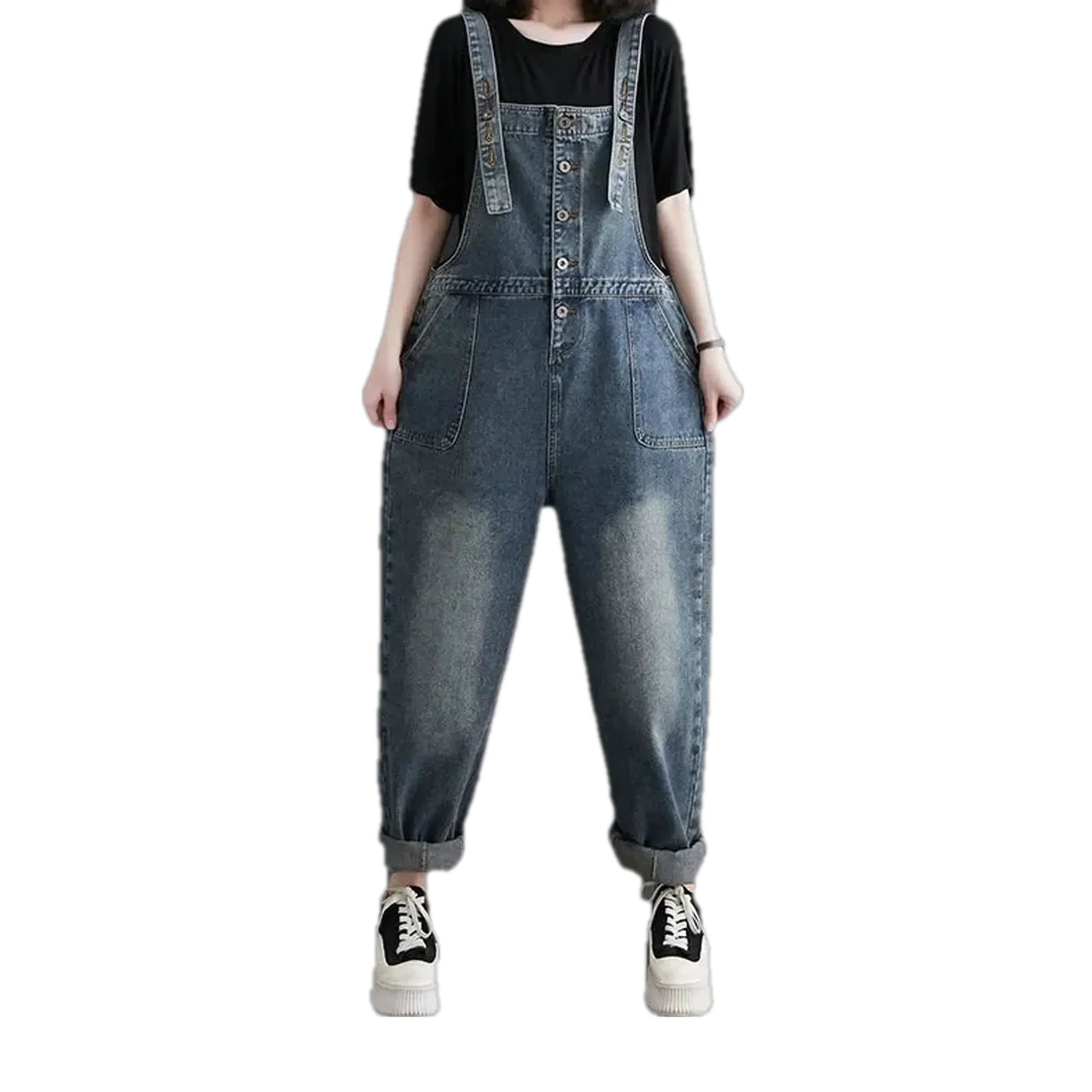 Stylish baggy vintage abraded women's jeans bib