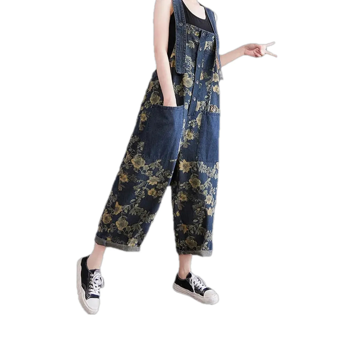Chic boho floral baggy women's jeans overall