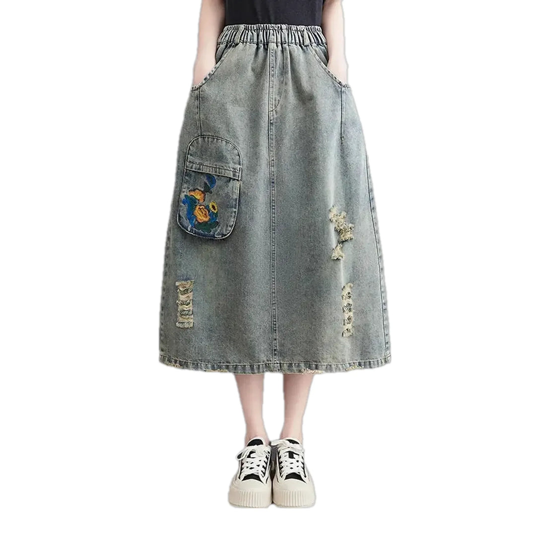 High waist floral denim skirt