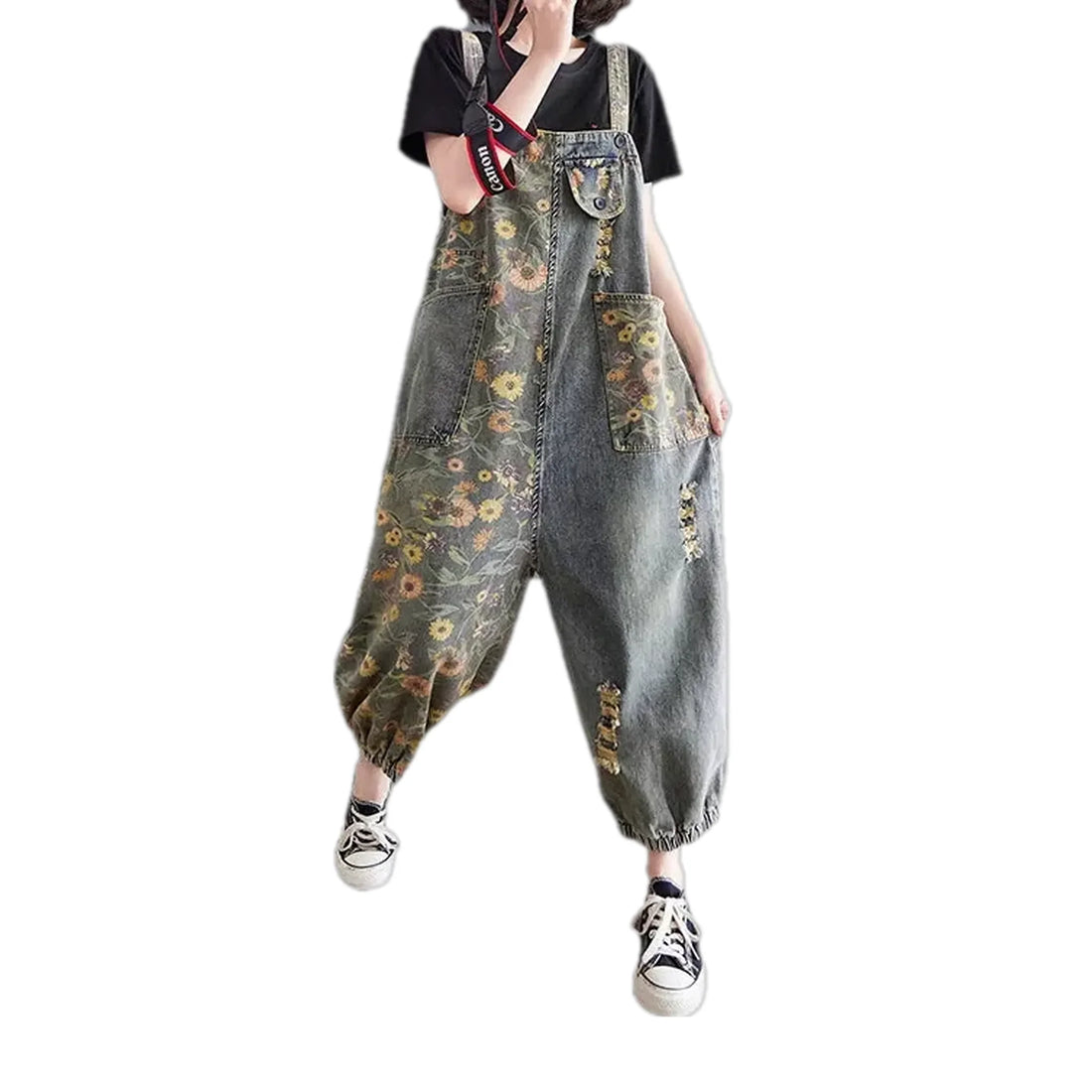 Retro boho fashion baggy women's denim dungaree