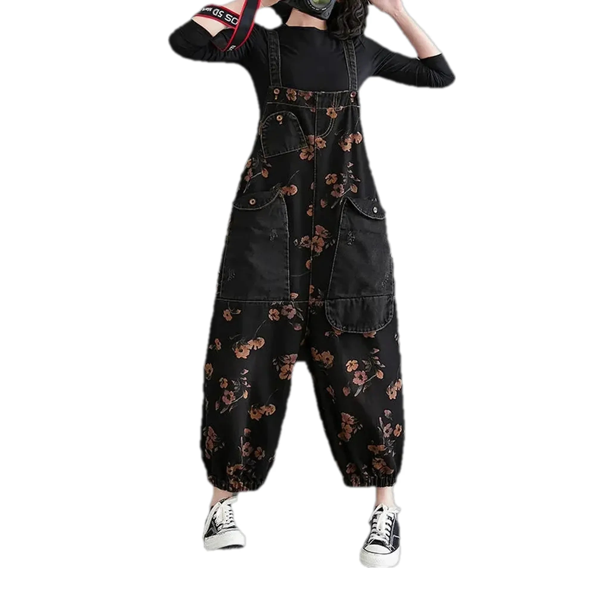 Boho baggy women's jeans bib