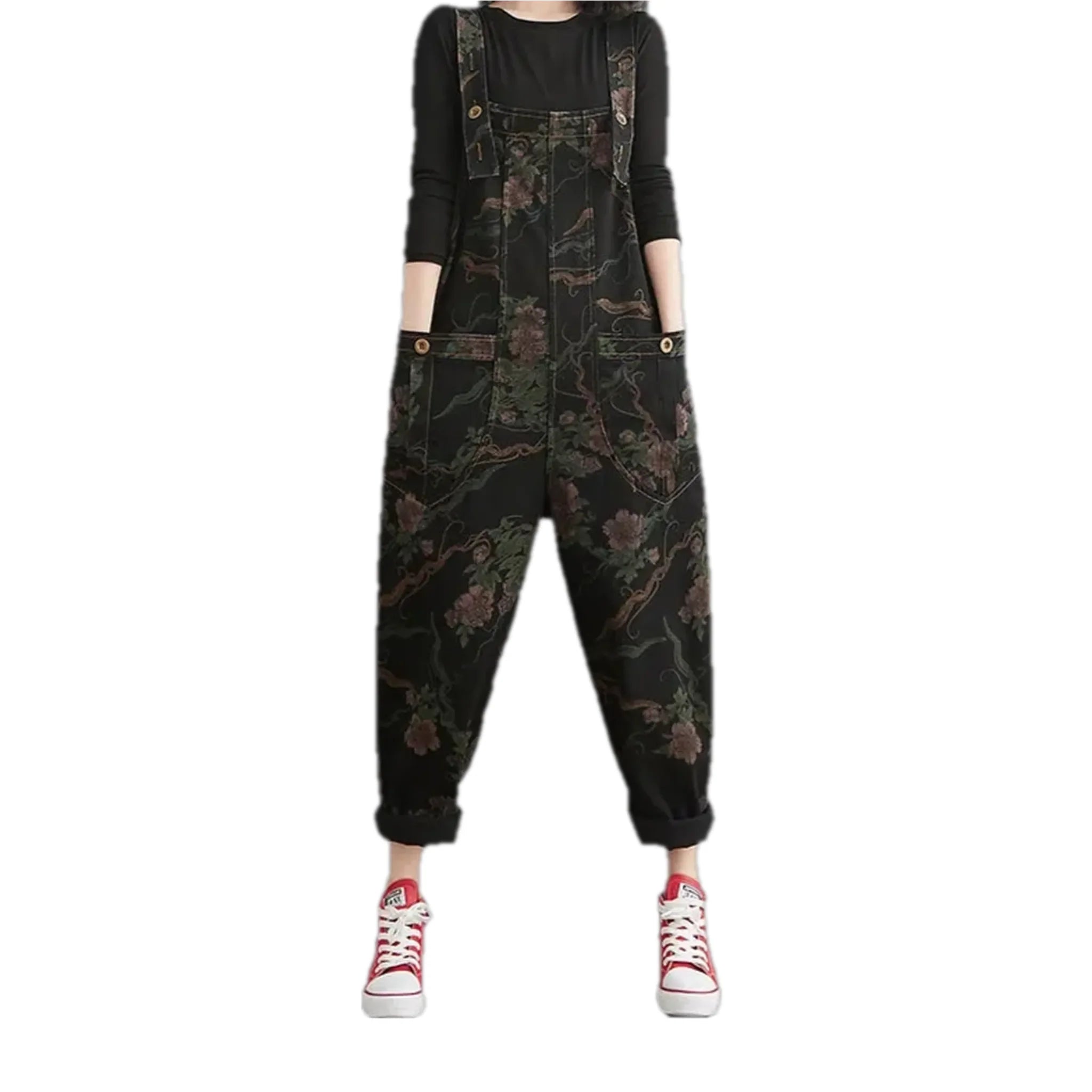 Baggy fit floral pattern women's denim overall