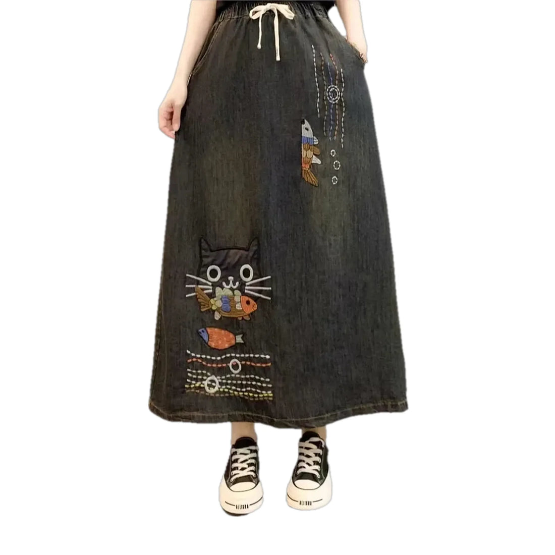 Artistic high-waist boho denim skirt