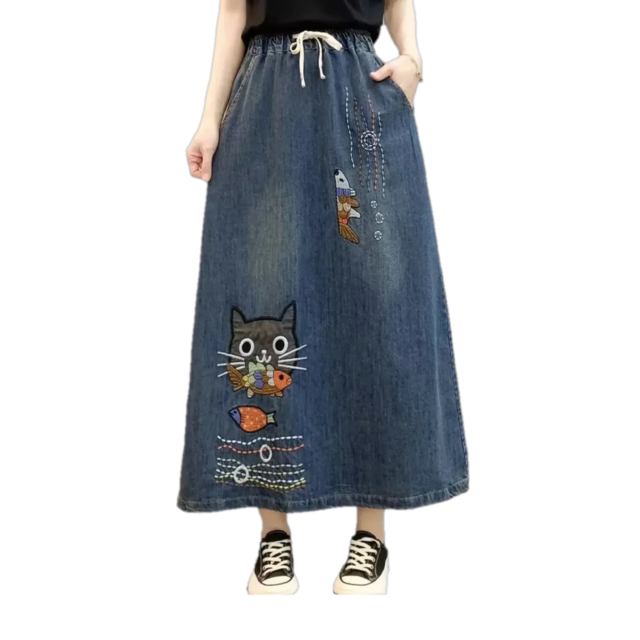 Artistic high-waist boho denim skirt