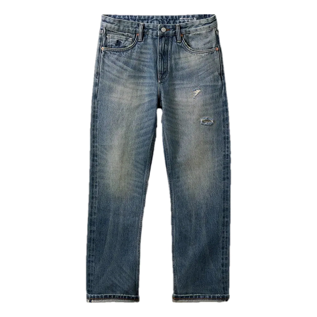 Distressed straight fit selvedge men's jeans