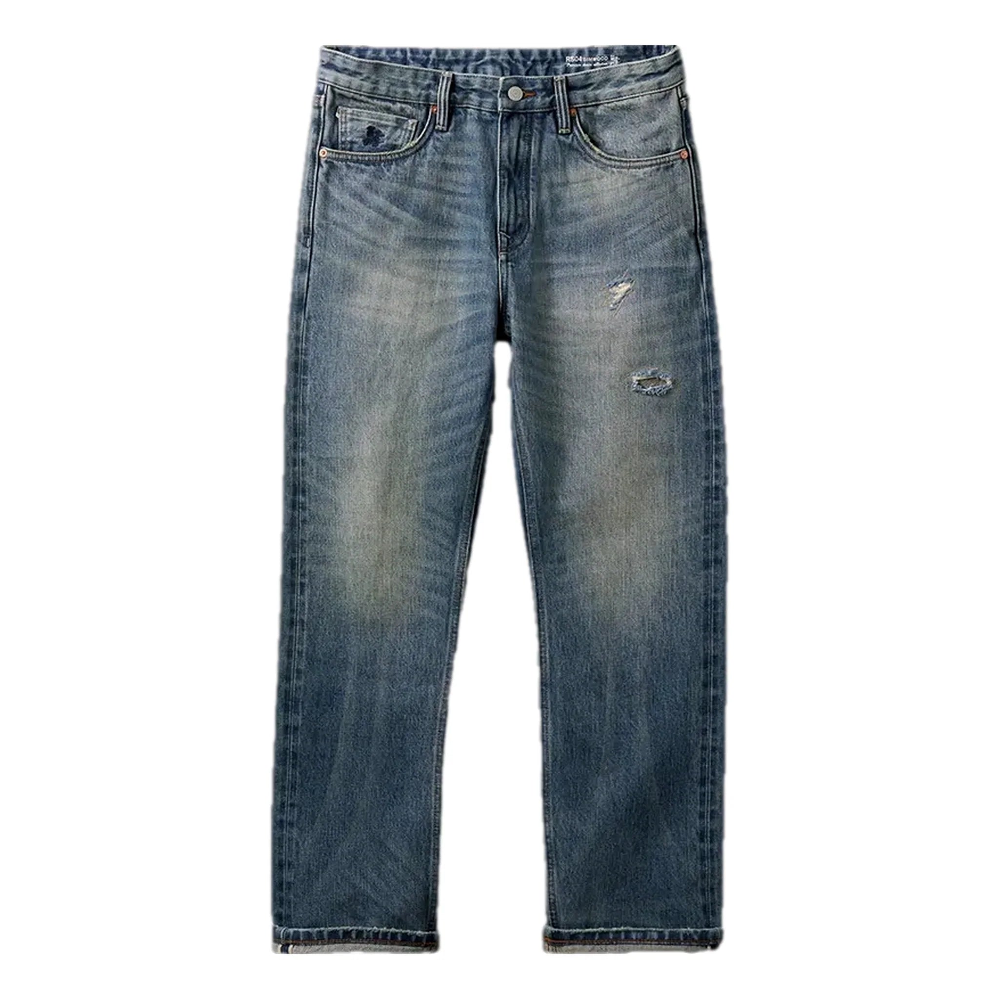 Distressed straight fit selvedge men's jeans
