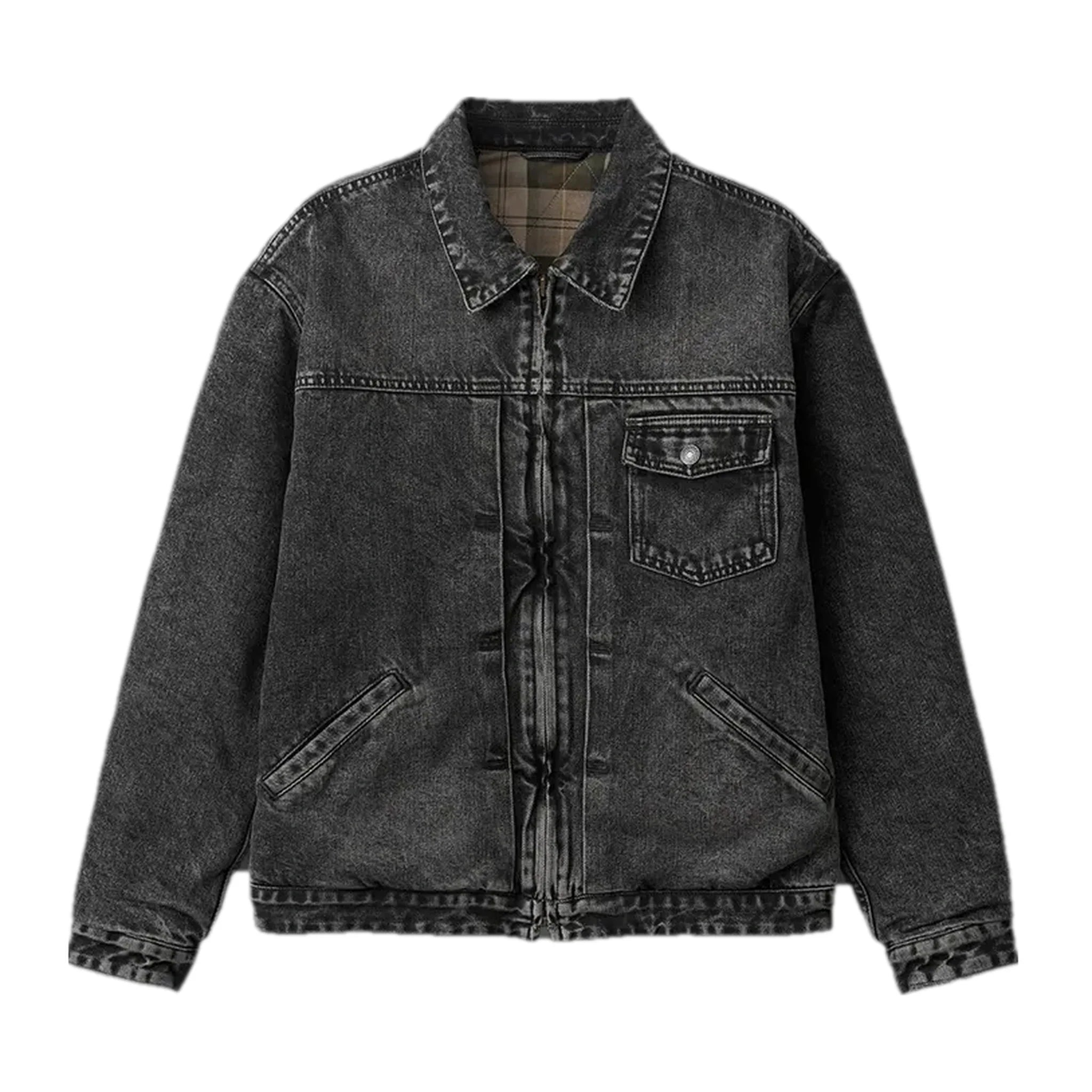 Stonewashed plaid men's jean jacket