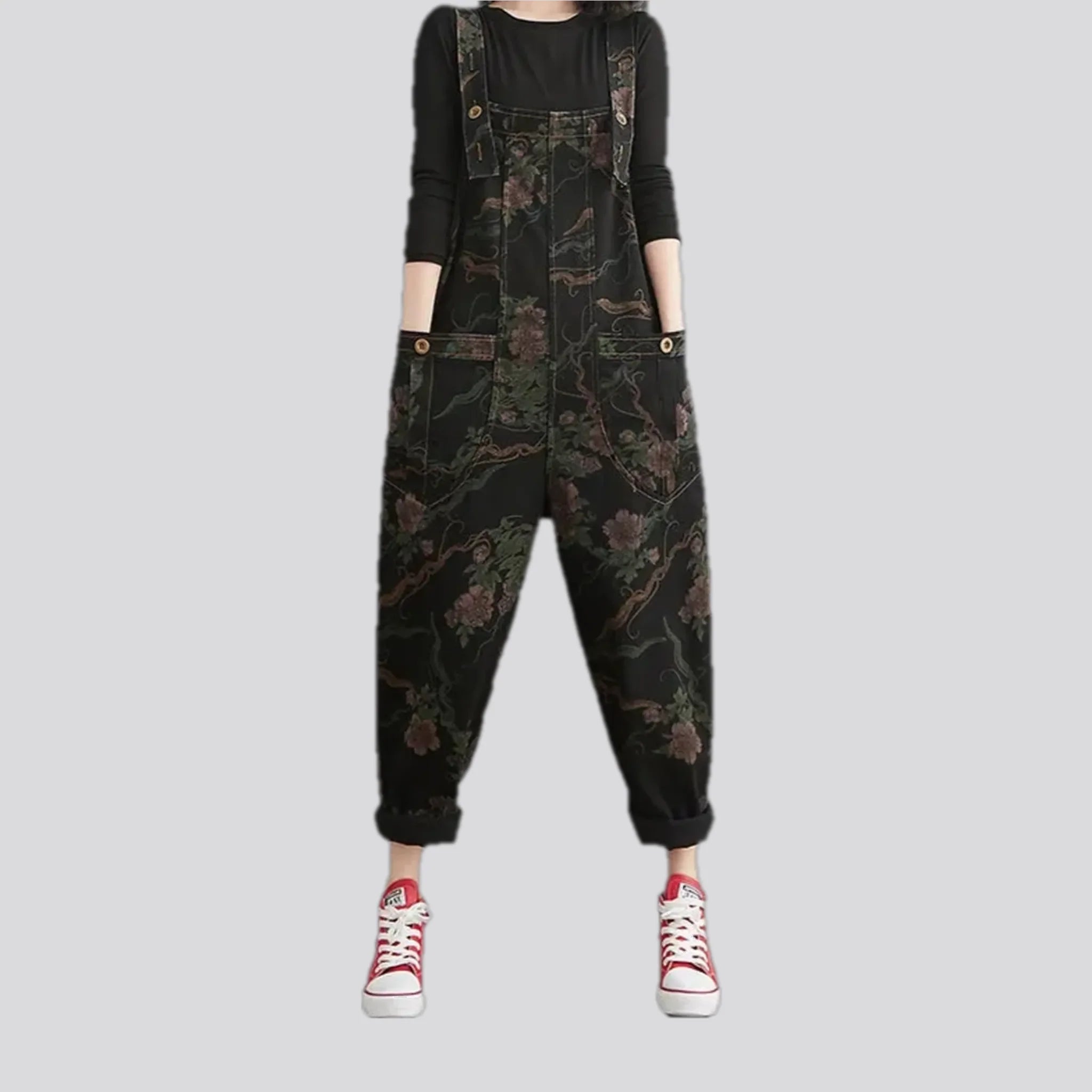 Baggy fit floral pattern women's denim overall