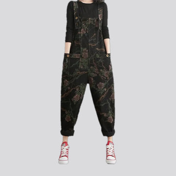 Baggy fit floral pattern women's denim overall