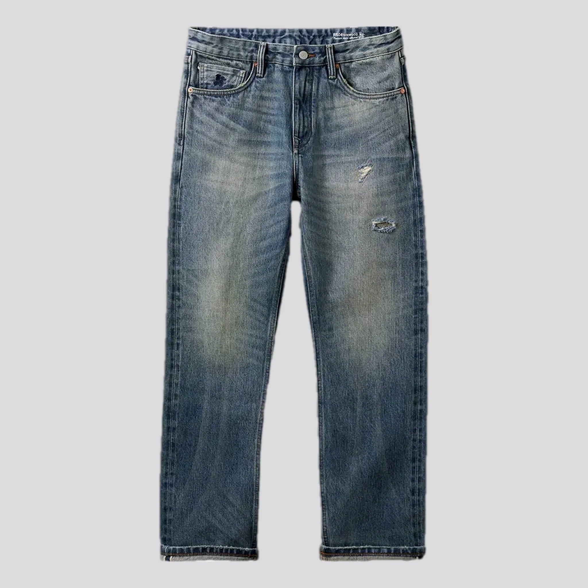 Distressed straight fit selvedge men's jeans