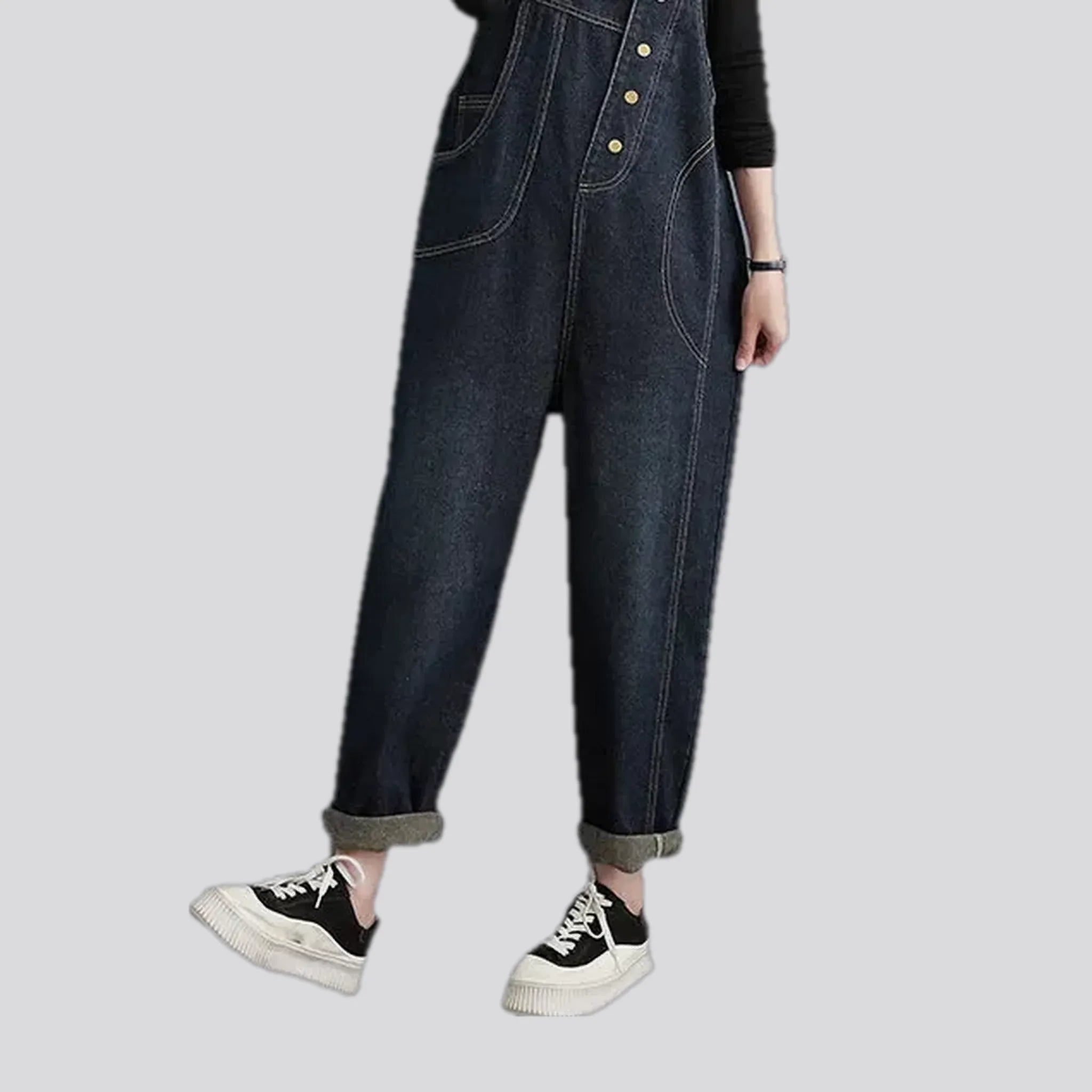 Fashionable contrast pattern women's jean bib