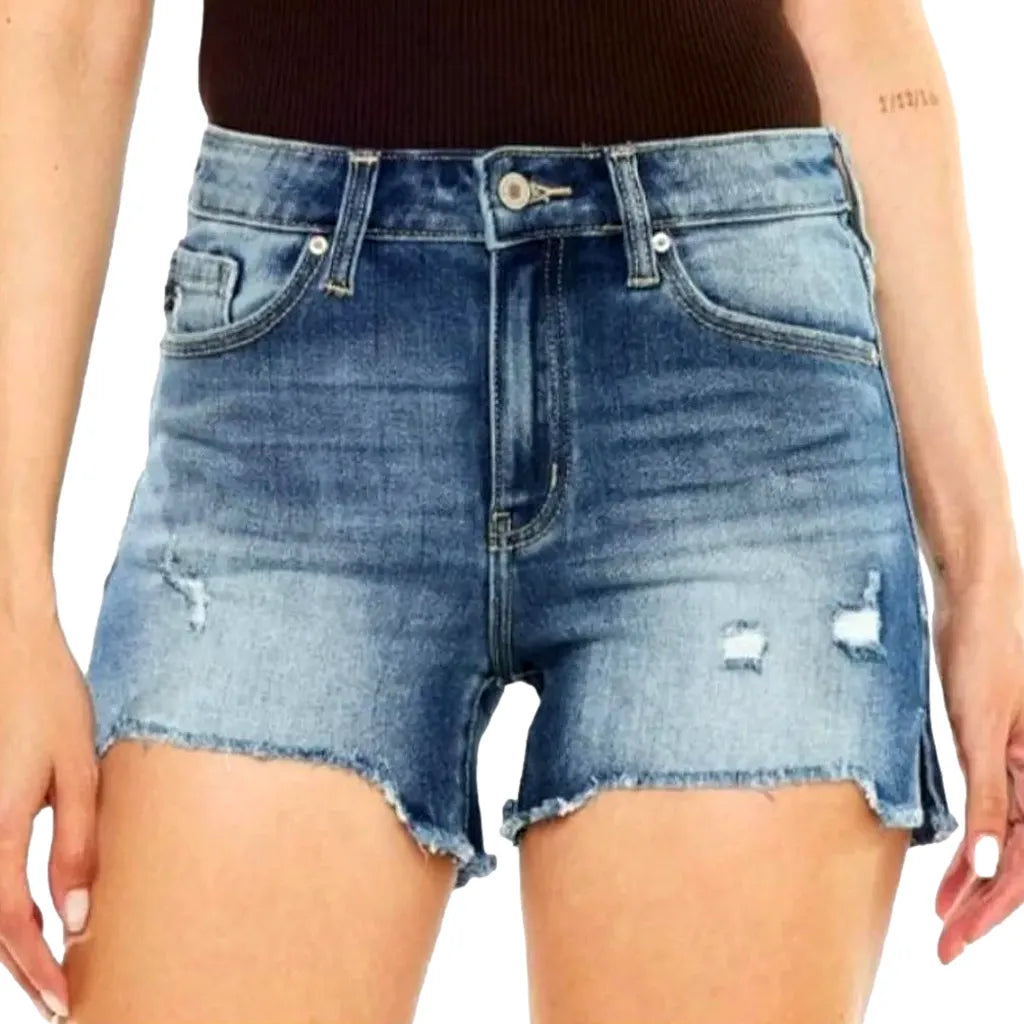 Distressed high-waist denim shorts for women