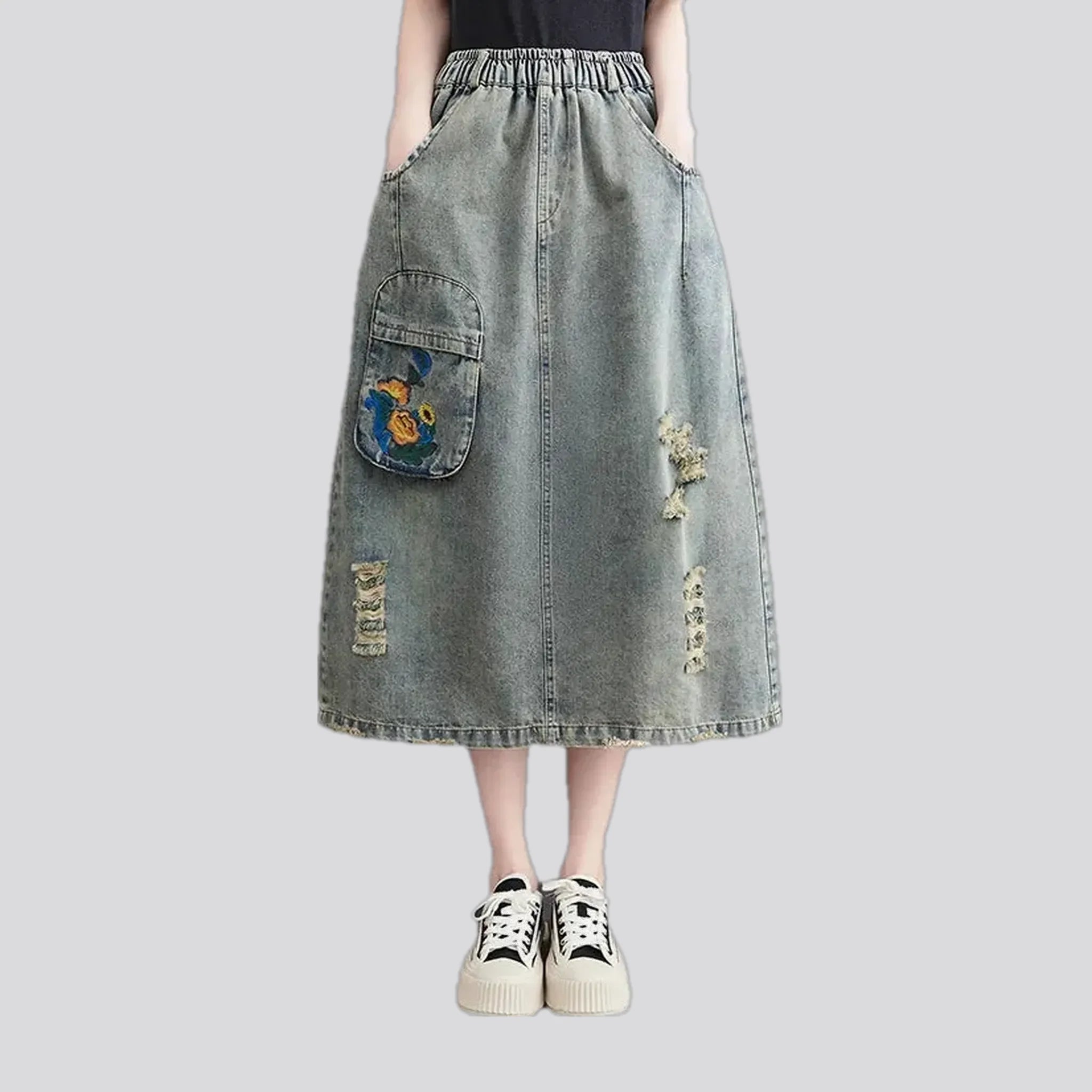 High waist floral denim skirt