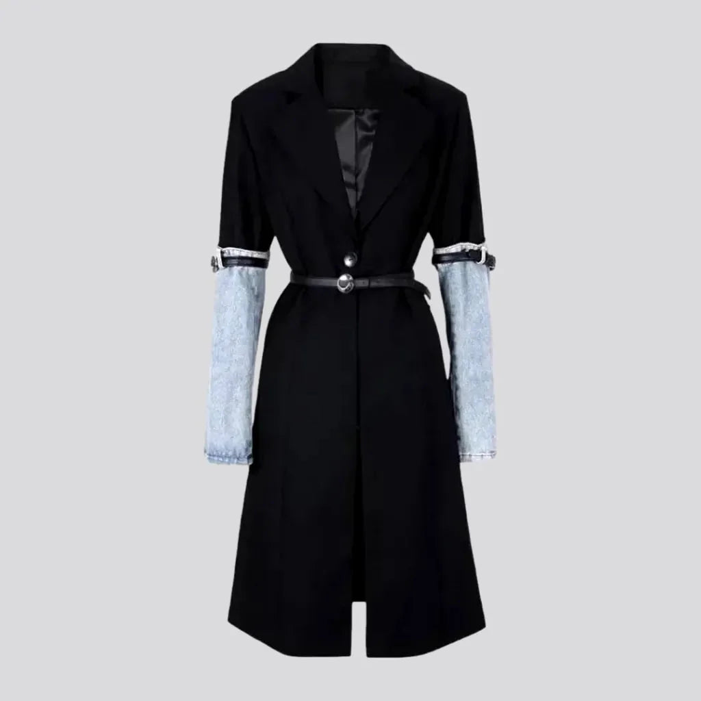 Long stylish mixed pattern women's jean coat