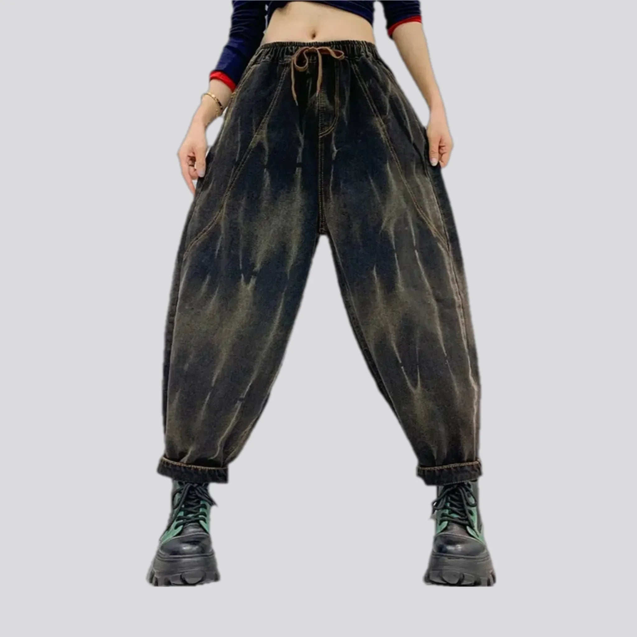 Medium rise baggy-leg jean joggers for women