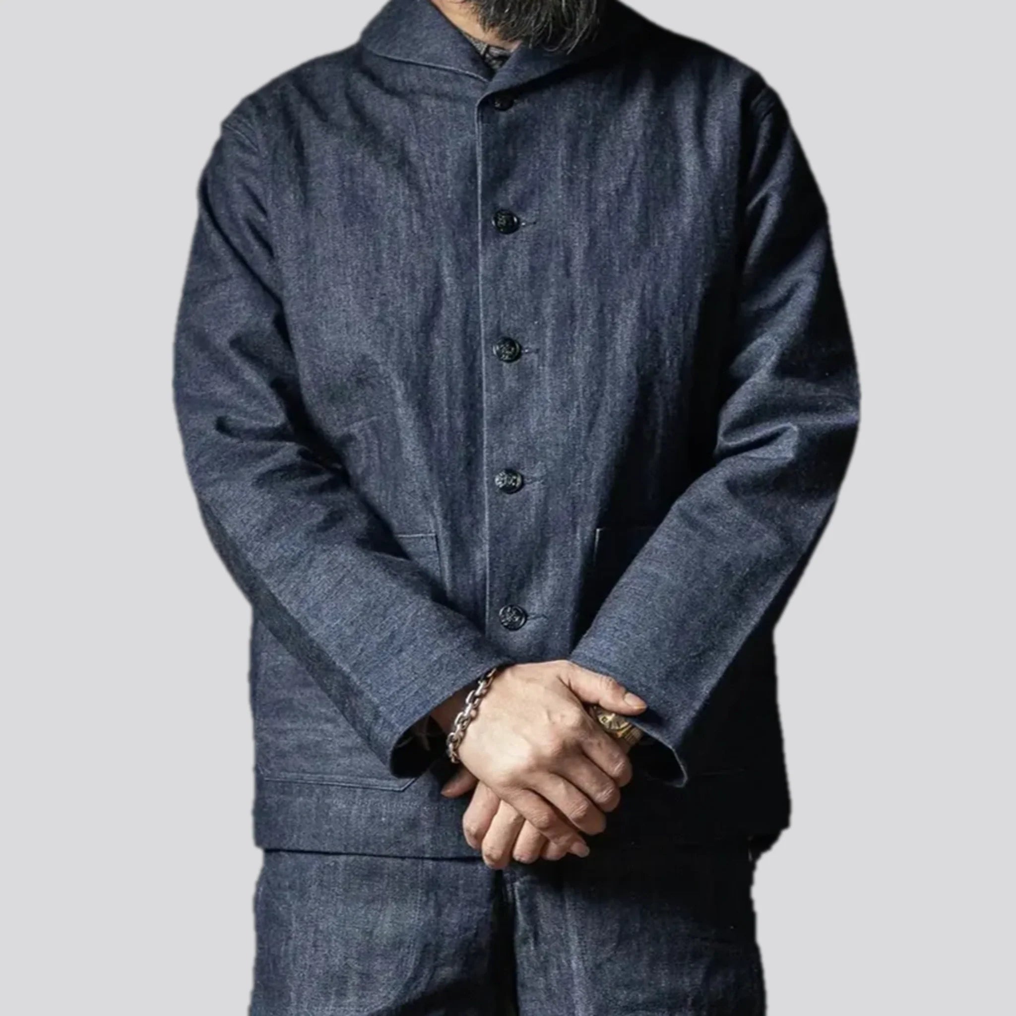 Shawl collar selvedge men's jean chore jacket