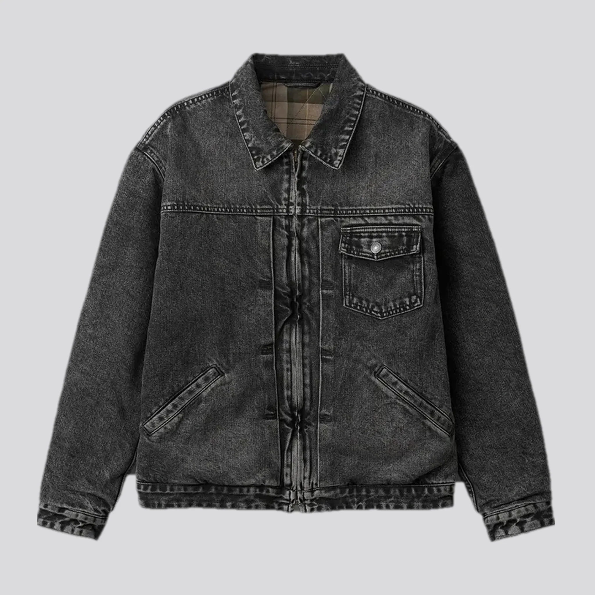 Stonewashed plaid men's jean jacket