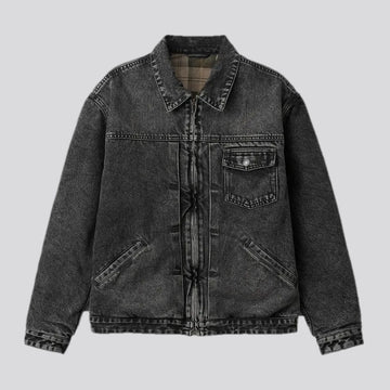 Stonewashed plaid men's jean jacket