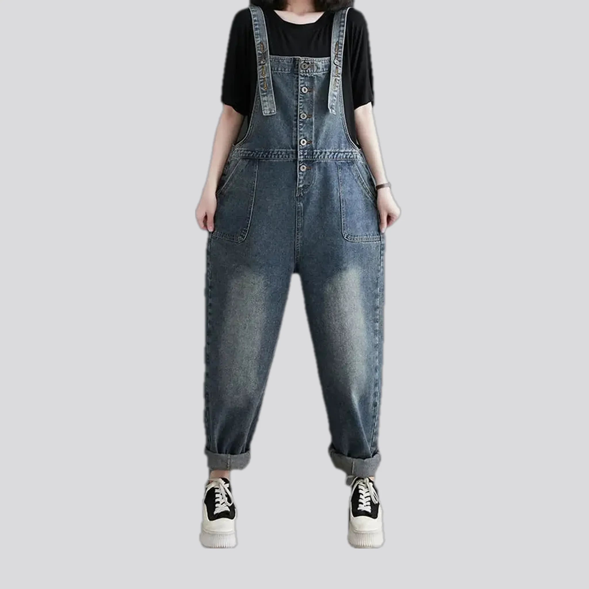 Stylish baggy vintage abraded women's jeans bib